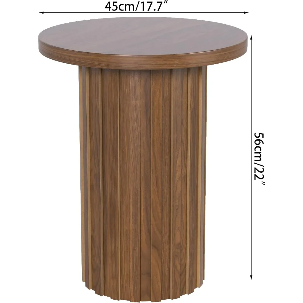 Rustic Round Pedestal Side Table with Fluted Panel for Small Living Spaces in Walnut Finish - Image 2